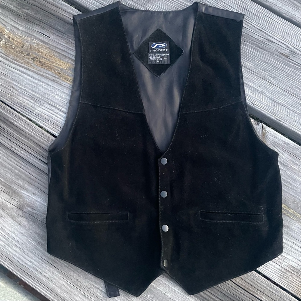 Vintage Black Leather Suede Vest XL Biker Moto Western Boho Utility 90's Y2K